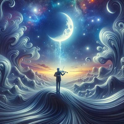 The primary subject of the image is a man playing a violin, standing on a hill with a beautiful view of the night sky. The sky is filled with stars, and there is a moon visible in the background. The man is the focal point of the scene, and his violin adds a sense of harmony and tranquility to the image. The visual style of the image is a combination of digital art and illustration, creating a vibrant and captivating atmosphere. The colors and mood of the image are predominantly dark and serene, with the stars and moon adding a touch of celestial beauty to the scene.